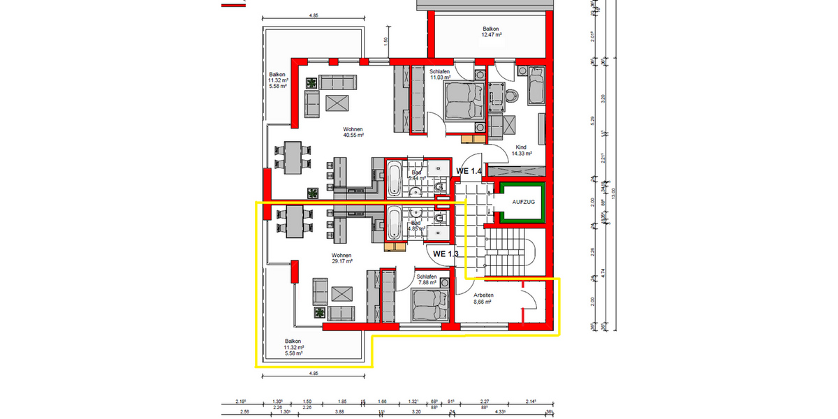 Grundriss 1.3 markiert